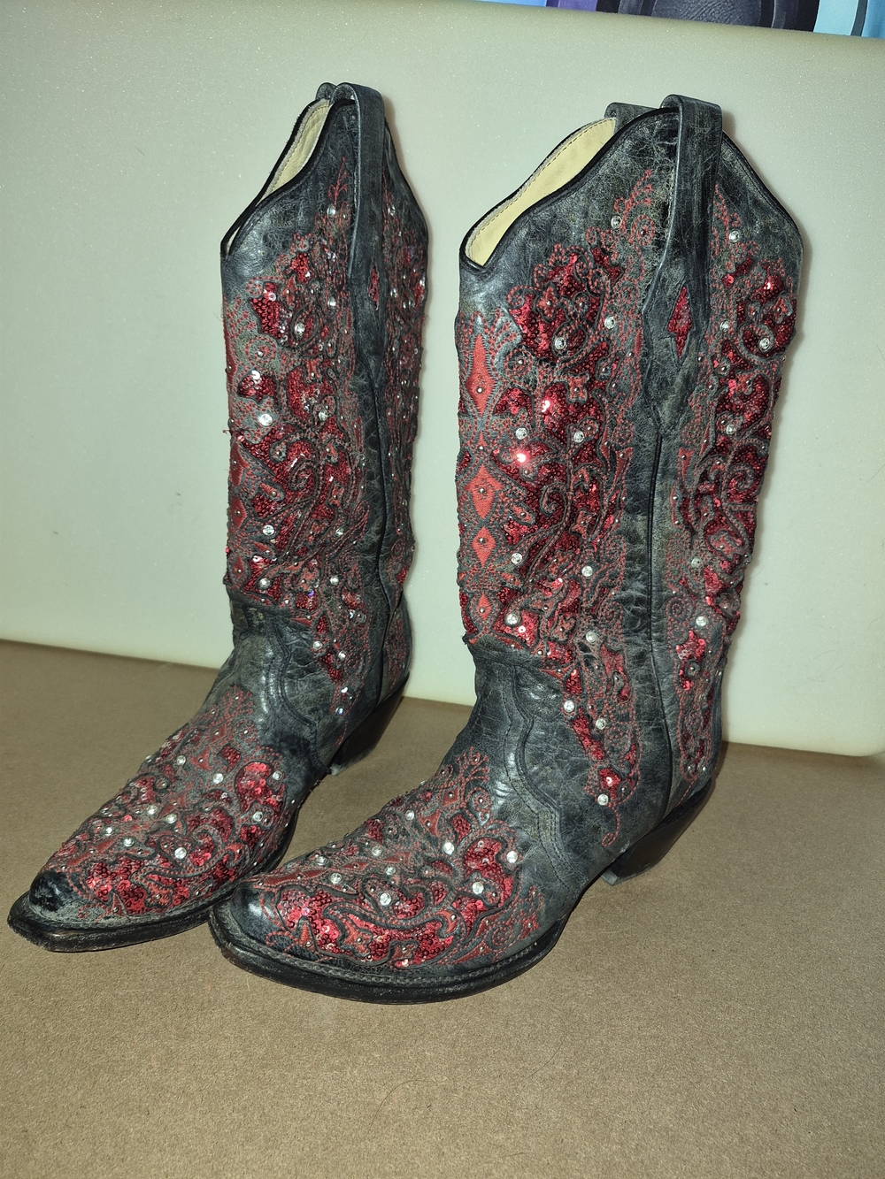 Corral Black Leather Cowgirl Boots with Red Embroidered Accents